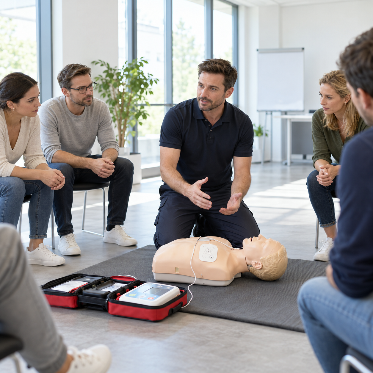 Ausbilder erklärt einer Gruppe von Teilnehmenden die Wiederbelebung an einer Reanimationspuppe während einer Erste-Hilfe-Schulung.