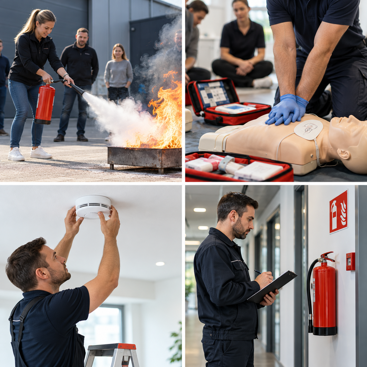 Collage mit Einblicken in Feuerlöschtraining, Erste-Hilfe-Ausbildung, Reanimationstraining und Rauchwarnmelder-Service.